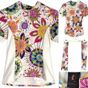 Sheila Moon Psychedelic Floral Womens M Zip Cycling Jersey Medium w/Arm Warmers